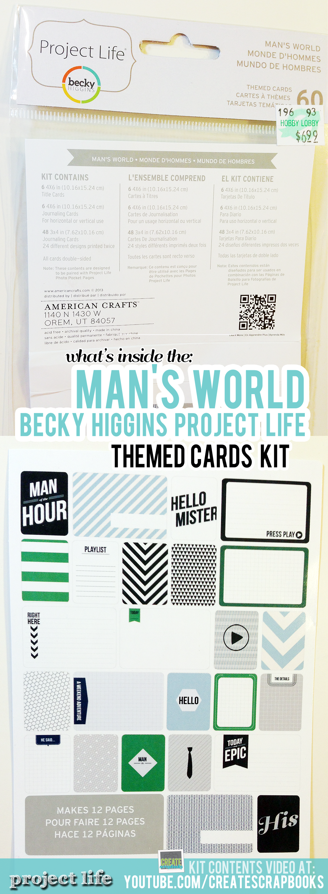 CreateScrapbooks.com Video of What's Inside the Man's World Themed Cards Kit, Project Life by Becky Higgins