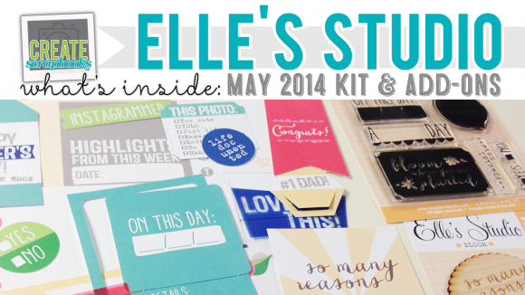 http://youtu.be/BUl_PvLiaTk Create Scrapbooks What's Inside Video Elle's Studio - MAY 2014 - Elle's Studio Monthly Kit (Exclusive Project Life Cards/Tags, Paper Embellishments + Stamps + Wood Veneer + Die Cuts) featured at scrapclubs.com